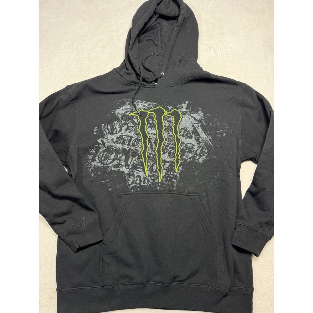 Monster Energy VTG Hoodie L Mens Black Neon Green Graphic Y2K Skater Cyber Grung
